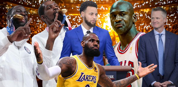 Michael Jordan, Kevin Durant, LeBron James, Stephen Curry, Steve Kerr and Draymond Green