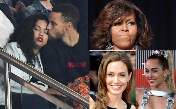 Ayesha Curry, Stephen Curry, Michelle Obama, Angelina Jolie, and Miley Cyrus Collage