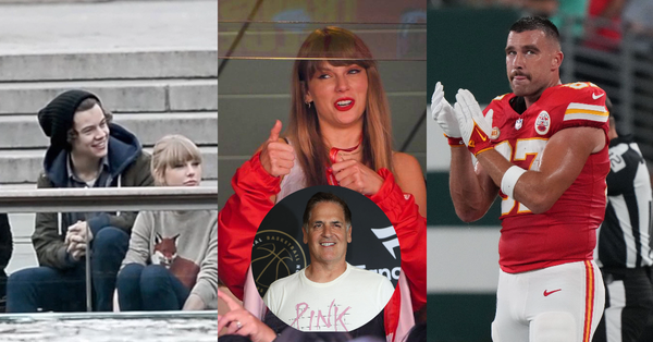 Harry Styles, Taylor Swift, Mark Cuban, and Travis Kelce Collage