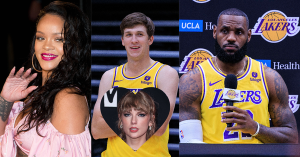 Rihanna, Austin Reaves, Taylor Swift, and LeBron James Collage