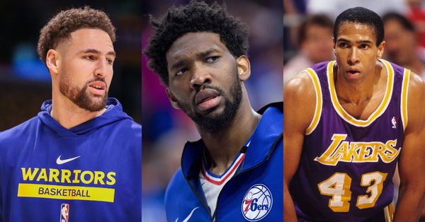 Klay Thompson, Joel Embiid and Mychal Thompson