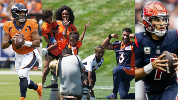 Russell Wilson, Ciara Wilson with children, and CJ Stroud