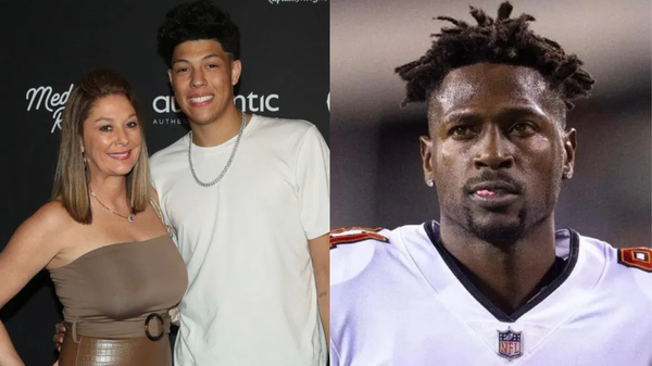 Randi Mahomes with Jackson Mahomes; and Antonio Brown