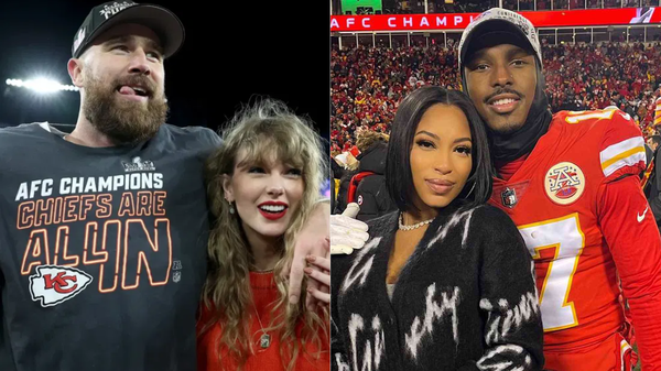 Travis Kelce with Taylor Swift and Mecole Hardman with fiancée Chariah Gordon