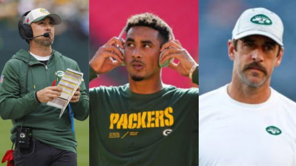 Jordan Love, Matt Lafleur and Aaron Rodgers