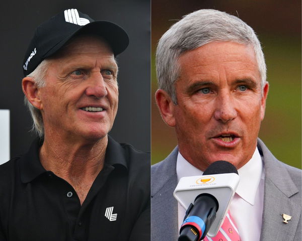 Greg Norman (L) and PGA Tour Chief Jay Monahan (R)