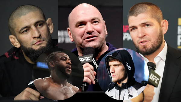 Khamzat Chimaev, Dana White, Khabib Nurmagomedov, Aljamain Sterling, Movsar Evloev