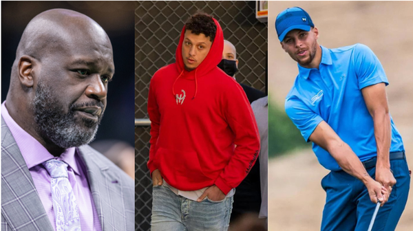 Shaquille O&#8217;Neal (L), Patrick Mahomes (M), and Stephen Curry (R) Collage