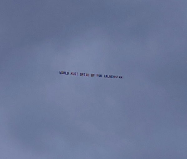 &#8220;World must speak up for Balochistan&#8221; banner flying over Edgbaston durin the World Cup semi-final