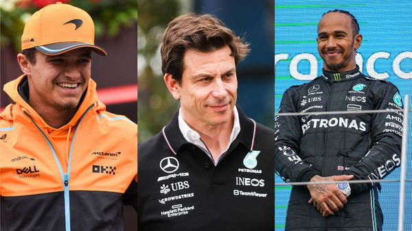 Lando Norris, Toto Wolff and Lewis Hamilton