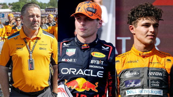 Zak Brown, Max Verstappen and Lando Norris