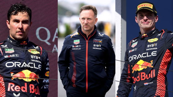 Sergio Perez, Christian Horner and Max Verstappen