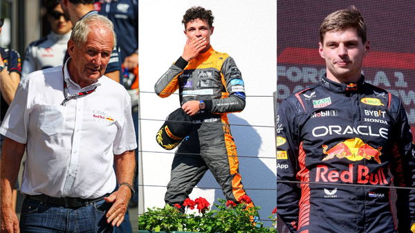 Helmut Marko, Lando Norris and Max Verstappen