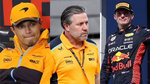 Lando Norris and Zak Brown and Max Verstappen