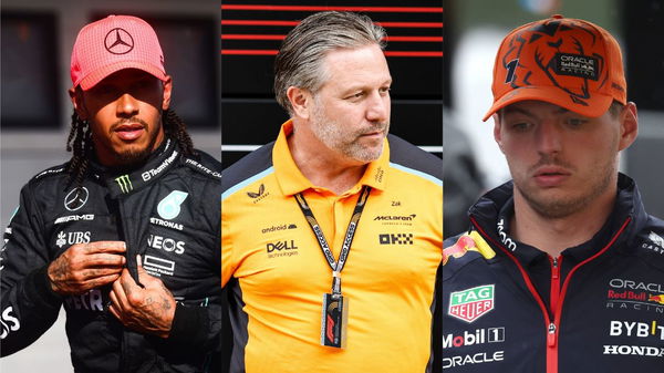 Lewis Hamilton and Zak Brown and Max Verstappen