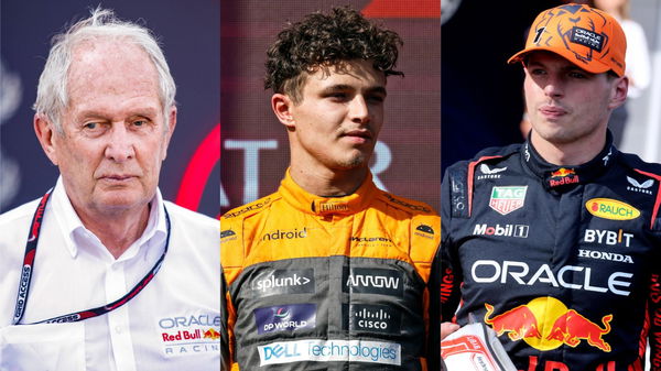 Helmut Marko, Lando Norris and Max Verstappen