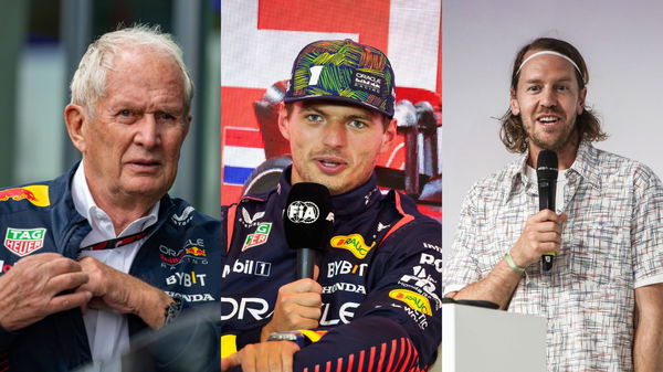 Helmut Marko (L), Max Verstappen (M) and Sebastian Vettel (R)