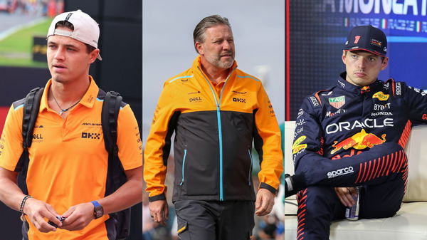 Lando Norris, Zak Brown and Max Verstappen