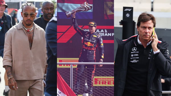 (L) Lewis Hamilton, (M) Max Verstappen, and (R) Toto Wolff