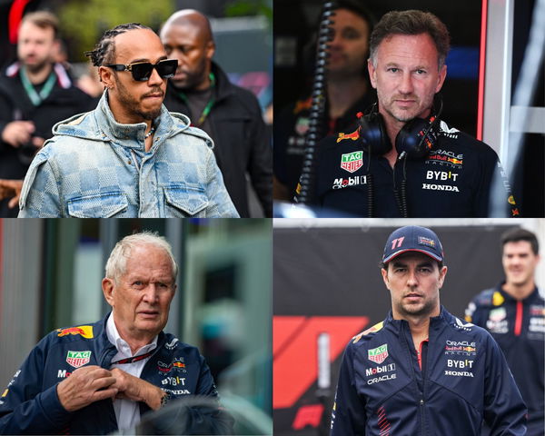 Lewis Hamilton, Christian Horner, Sergio Perez and Helmut Marko