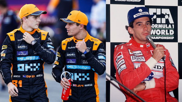 (L) Oscar Piastri, (M) Lando Norris and (R) Ayrton Senna