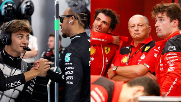 (L) George Russell &#038; Lewis Hamilton and (R) Carlos Sainz, Frederic Vassuer and Charles Leclerc (in that order)