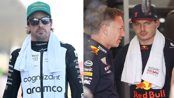 (L) Fernando Alonso, (M) Christian Horner and (R) Max Verstappen