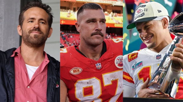 (L) Ryan Reynolds, (M) Travis Kelce and (R) Patrick Mahomes