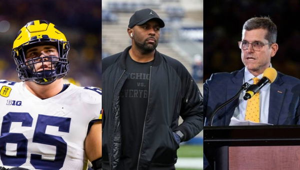 Zak Zinter, Sherrone Moore, and Jim Harbaugh