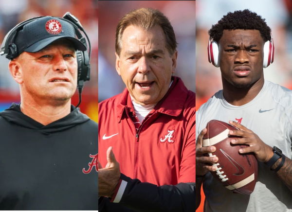 Nick Saban, Kalen DeBoer and Jalen Milroe