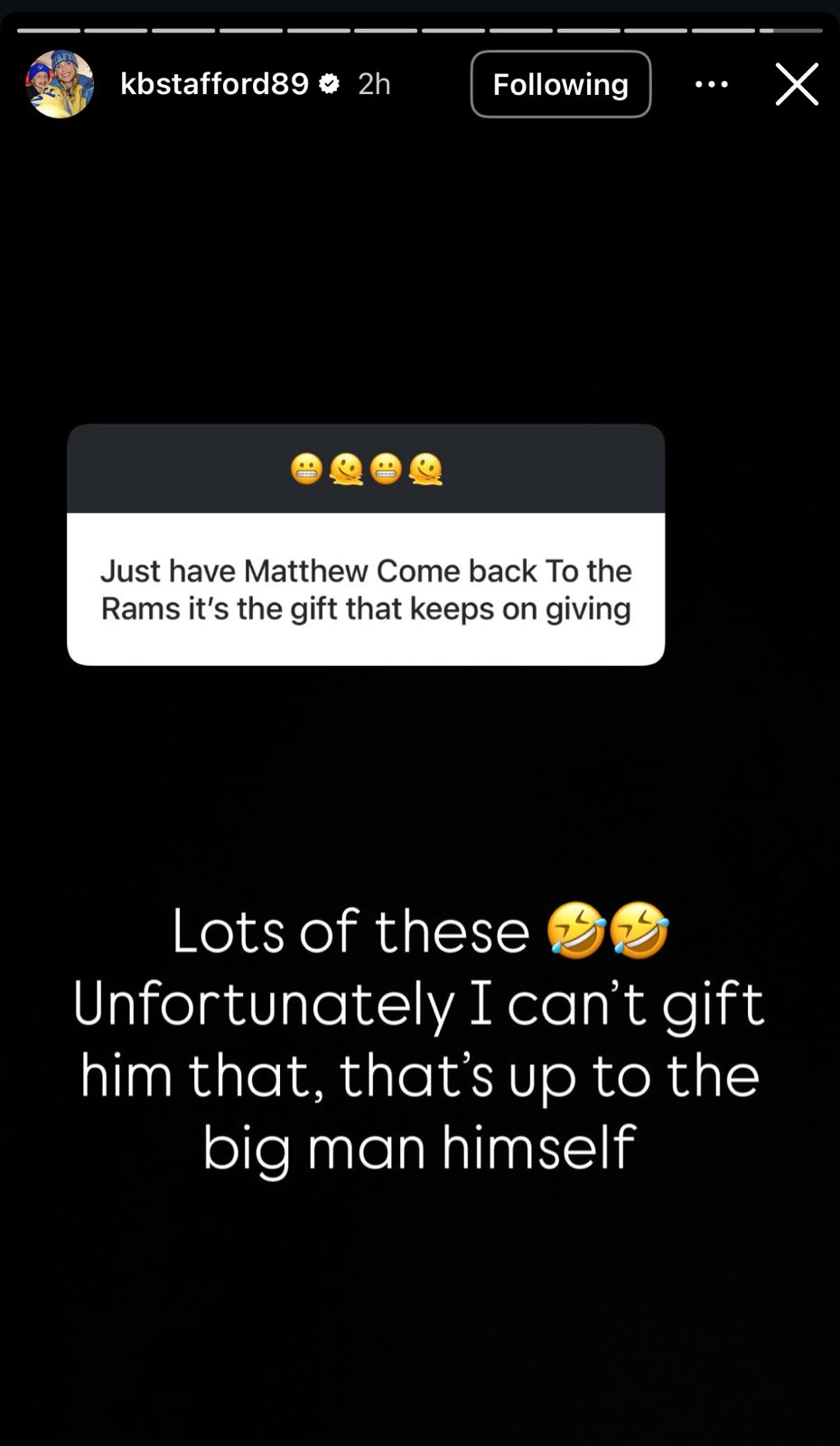 Matthew Stafford's wife, Kelly Stafford's IG story