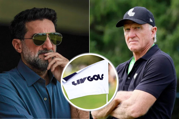 Yasir Al-Rumayyan Greg Norman LIV Golf Flag collage