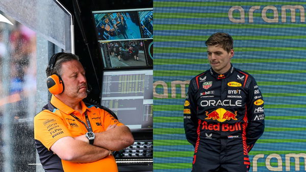 Zak Brown (L) and Max Verstappen (R)