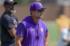 August 17, 2024: LSU defensive coordinator Blake Baker watches his defense run a play during fall football camp at the L