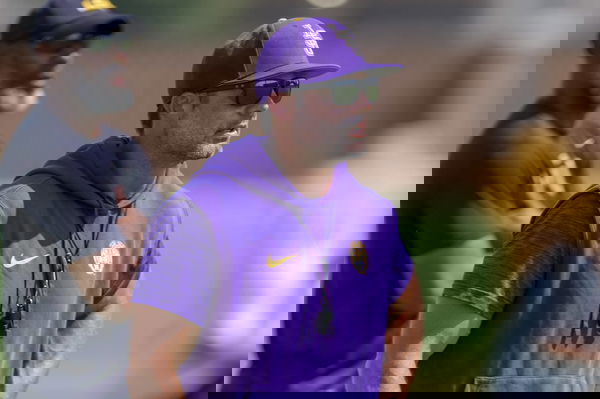 August 17, 2024: LSU defensive coordinator Blake Baker watches his defense run a play during fall football camp at the L