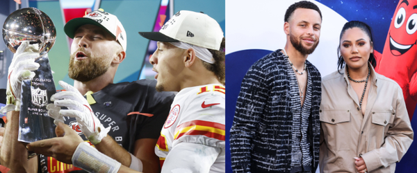 Travis Kelce, Patrick Mahomes, Stephen Curry and Ayesha Curry Collage