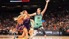 Sep 19, 2025; Phoenix, Arizona, USA; Phoenix Mercury forward Satou Sabally (0) drives against New York Liberty forward Breanna Stewart (30) during the second half of game three of round one for the 2025 WNBA Playoffs at PHX Arena