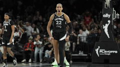 Sep 18, 2025; Las Vegas, Nevada, USA; Las Vegas Aces center A&#8217;ja Wilson (22) reacts to a play in the second quarter against the Seattle Storm during game three of round one for the 2025 WNBA Playoffs at Michelob Ultra Arena.