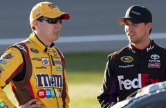 LAS VEGAS, NV &#8211; MAR 09, 2012: Denny Hamlin (11) and Kyle Busch (18) chat before qualifying for the K