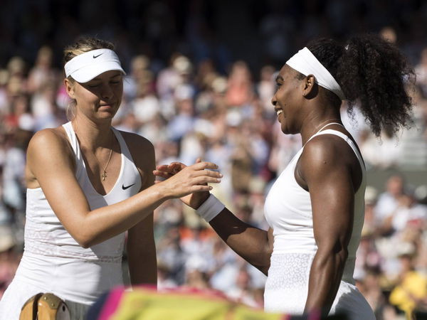 July 9 2015 Maria Sharapova of Russia and Serena Williams meet at the net after Williams defeated Sh