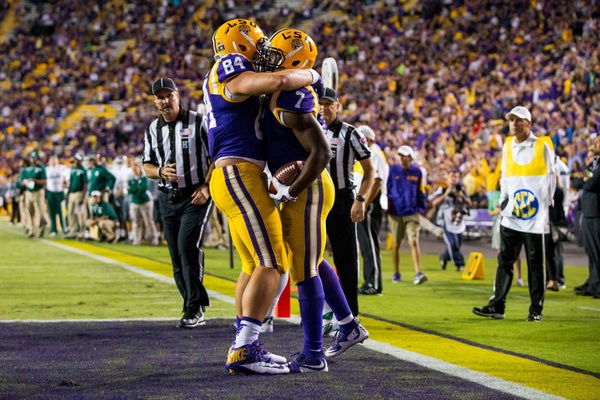 October 3, 2015: LSU Tigers running back Leonard Fournette (7) hugs LSU Tigers tight end Foster More