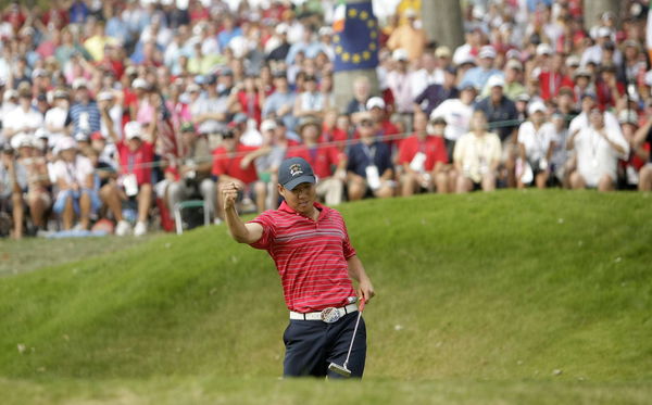 Anthony Kim celebrated his win on 14 over Sergio Garcia at the Valhalla Golf Club where the U.S.A. w