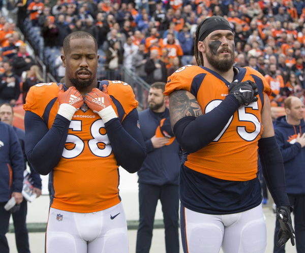 December 30, 2018 &#8211; Denver, Colorado, U.S &#8211; Broncos ILB VON MILLER, left, and DE DEREK WOLFE, right