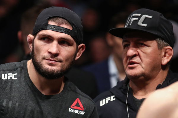 MOSCOW, RUSSIA   NOVEMBER 9, 2019: UFC lightweight champion Khabib Nurmagomedov (L) and his father and coach Abdulmanap