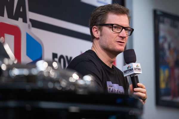 DAYTONA, FL &#8211; FEBRUARY 16: Dale Earnhardt, Jr. speaks to the media prior to the Daytona 500 on February 16, 2020 at Dayt