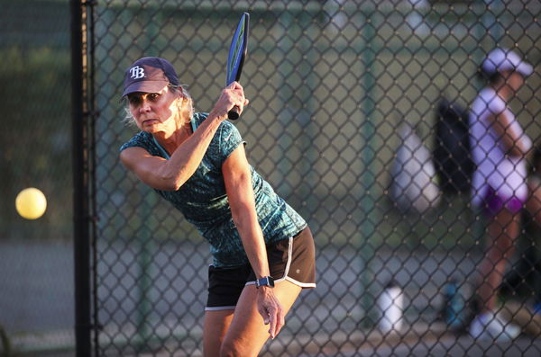 February 17, 2022, St. Petersburg, Florida, USA: Janice Drinkwine, 60, from St. Petersburg, crushes a forehand on the co