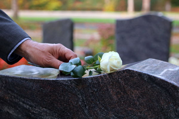 Eine weisse Rose als Zeichen der Trauer wird auf einen Grabstein gelegt a white rose as a sign of mourning is placed on