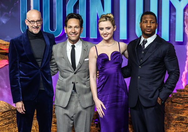 February 16, 2023, London, United Kingdom: Peyton Reed, Paul Rudd, Kathryn Newton and Jonathan Majors seen attending the