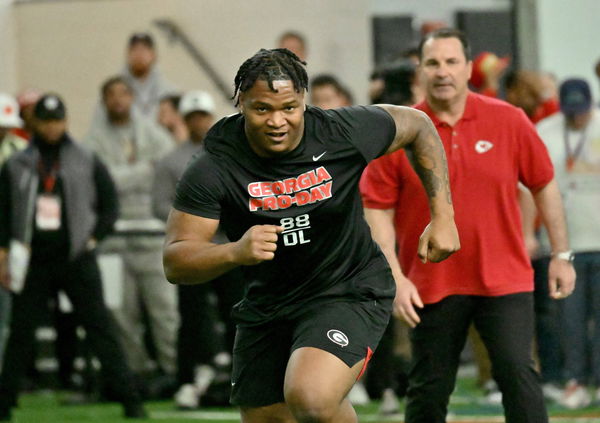 March 15, 2023, Athens, GA, USA: Georgia s defensive lineman Jalen Carter runs in front of coaches and scouts. Athens US