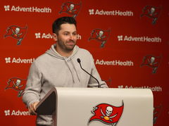 March 20, 2023, Tampa, Florida, USA: Tampa Bay Buccaneers new quarterback Baker Mayfield during a press conference at Ad